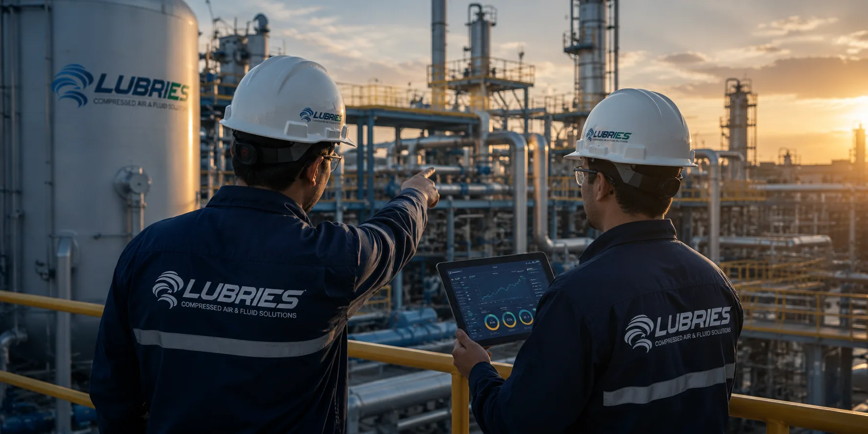 Dos ingenieros de Lubries revisando indicadores en una planta industrial al atardecer