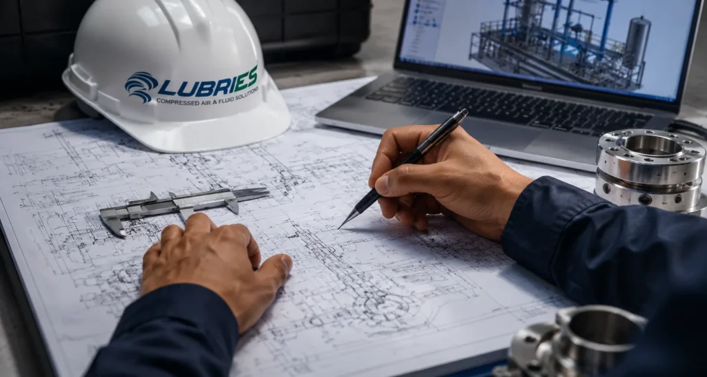 Ingeniero revisando planos de ingeniería junto a un modelo 3D del proceso