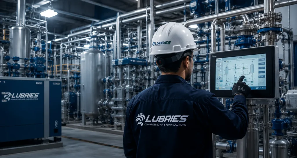 Especialista de Lubries operando un panel de control en una planta de proceso