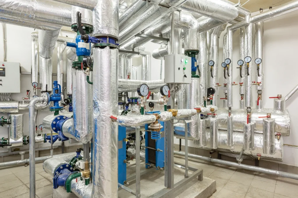 Red de tuberías aisladas de agua caliente y agua fría con instrumentación