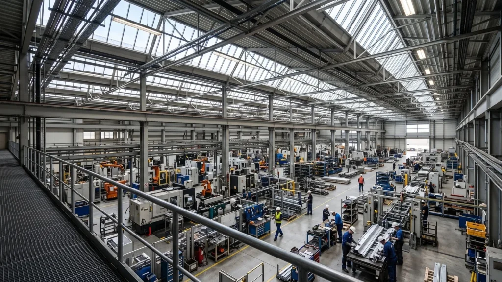 Vista general de una nave de producción industrial con líneas de manufactura y servicios auxiliares.